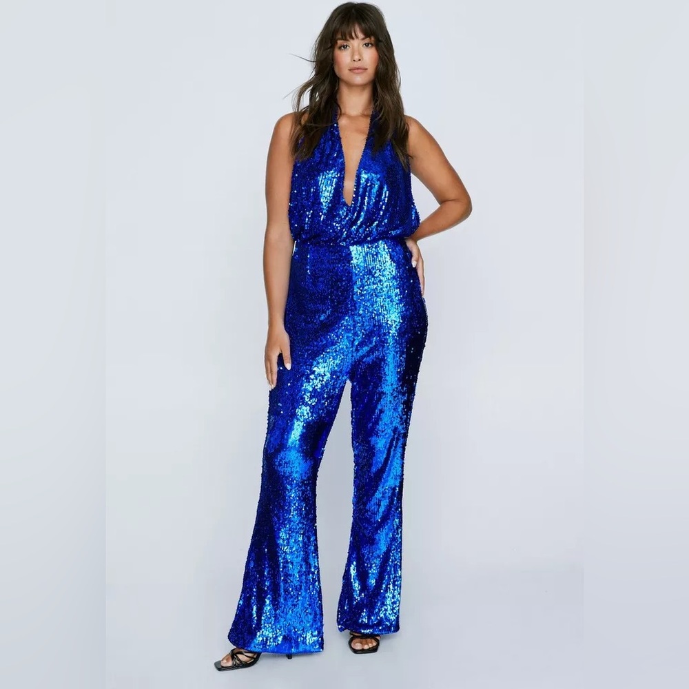 NWT Nasty Gal Plus Size Sequin V-Neck Flared Jumpsuit Blue size 16/2XL